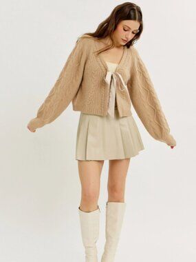 Beige Cable Knit Satin Bow Tie Front Cropped Cardigan Sweater NWT #D124